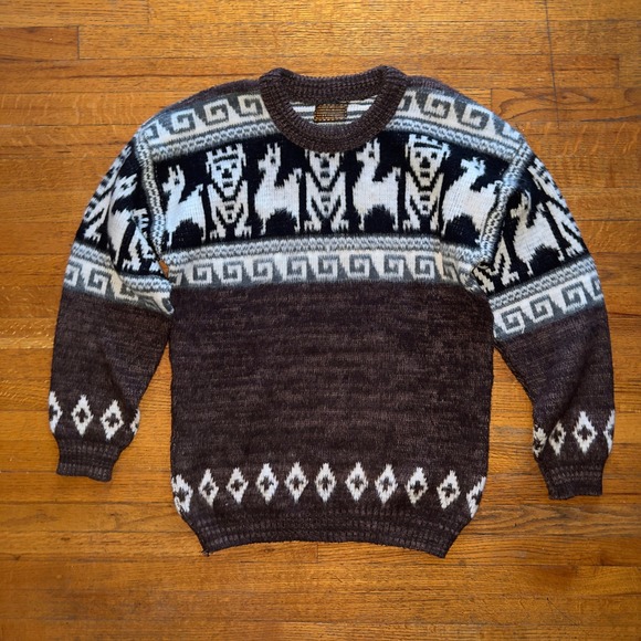 100% Wool Blend Sweater Aztec Llama Geometric Knit Brown XL - Picture 1 of 6